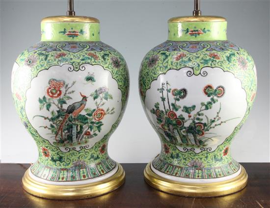 A pair of Chinese famille verte baluster jars, late 19th century, vases approx. 35cm.